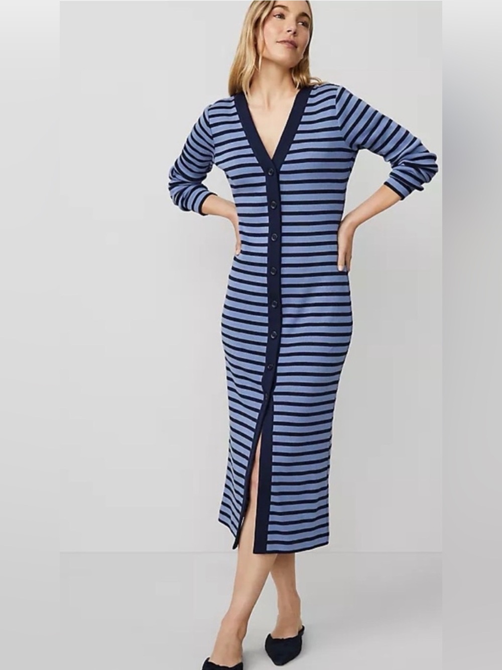 Ann Taylor PETITE Blue and Navy Stripes Buttoned V-Neck Midi Dress